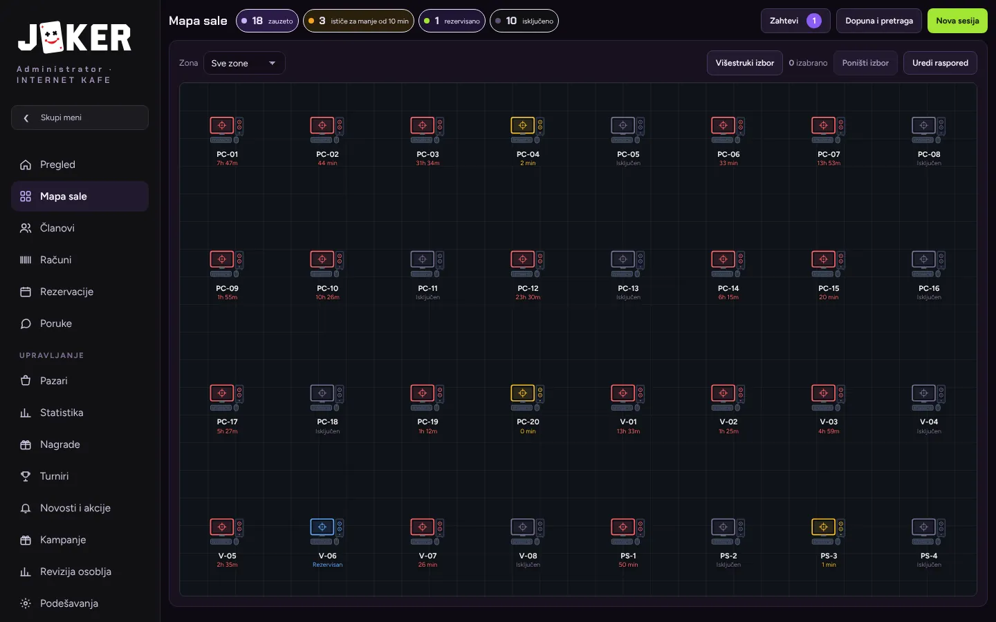 Live floor map with PCs, simulators and PlayStation stations