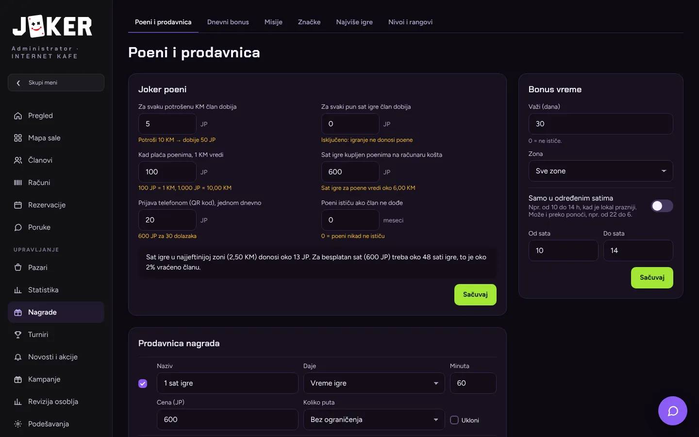 Loyalty settings with points, bonus time and the reward shop