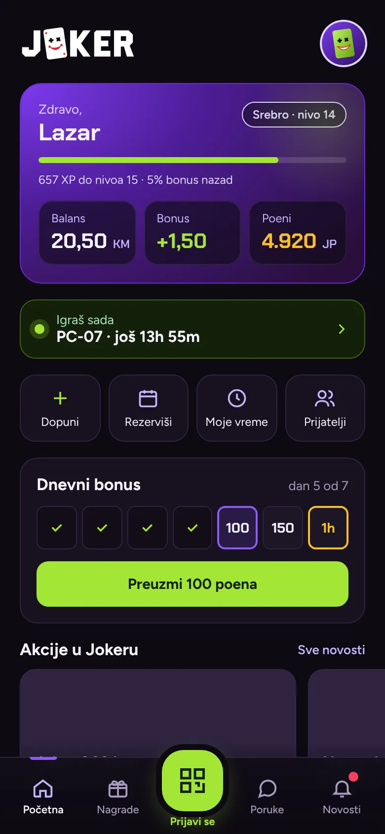 Player app home with balance, bonus and points