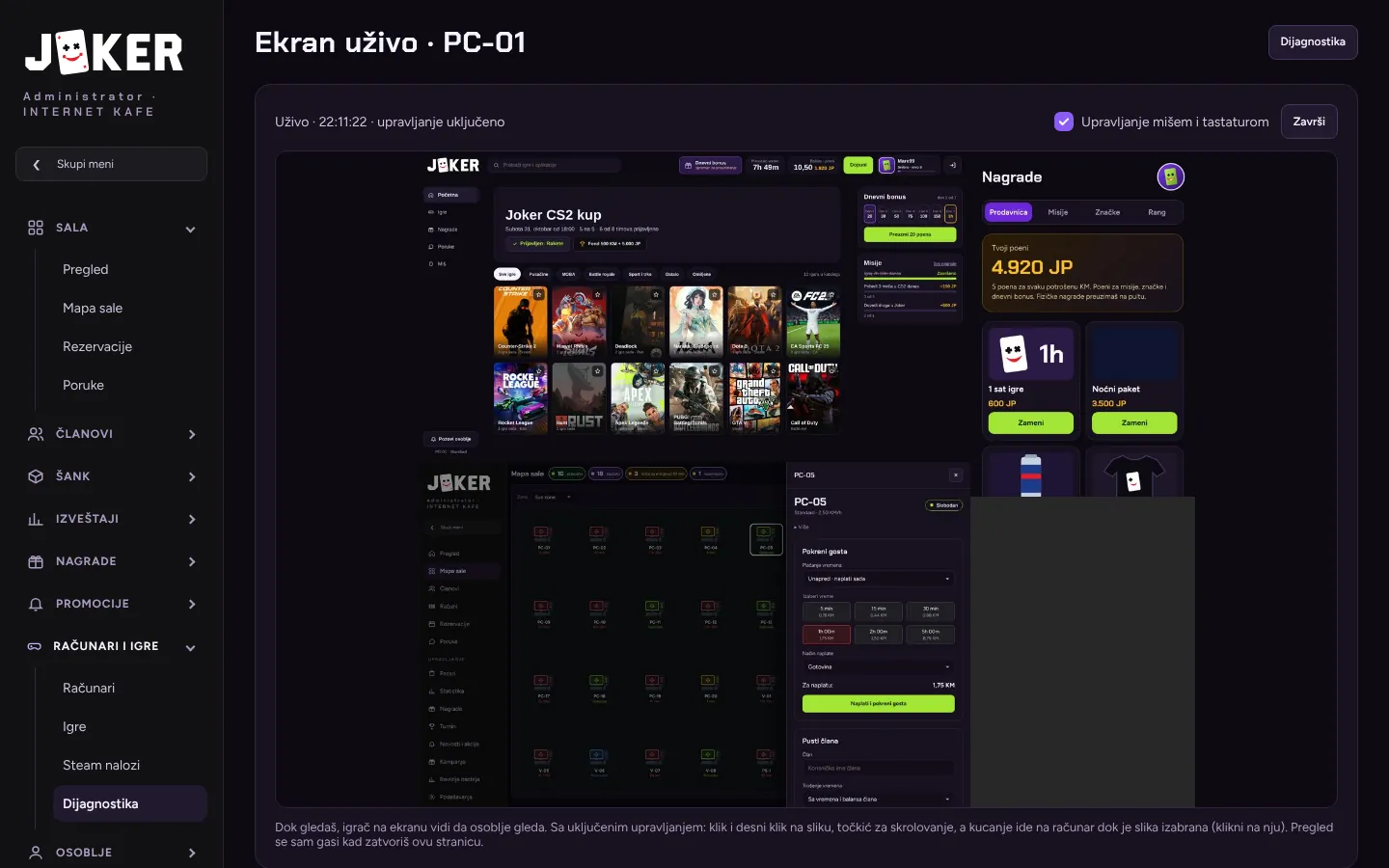 Live screen view of a gaming PC with remote mouse and keyboard control