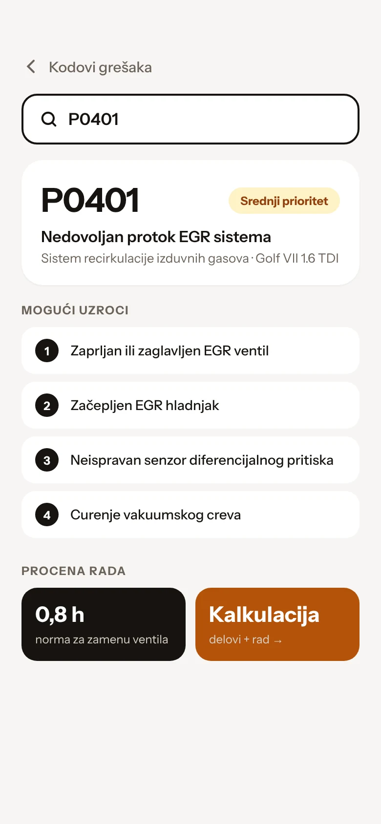 Nostro Cardata mobile app fault code lookup with causes and labor estimate