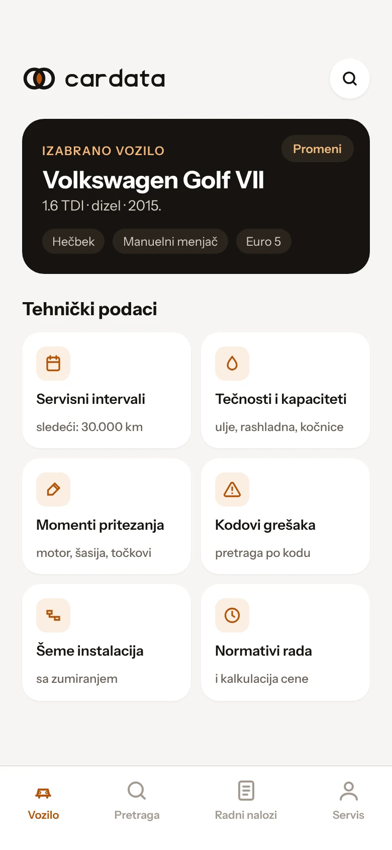 Nostro Cardata mobile app vehicle overview with technical data sections