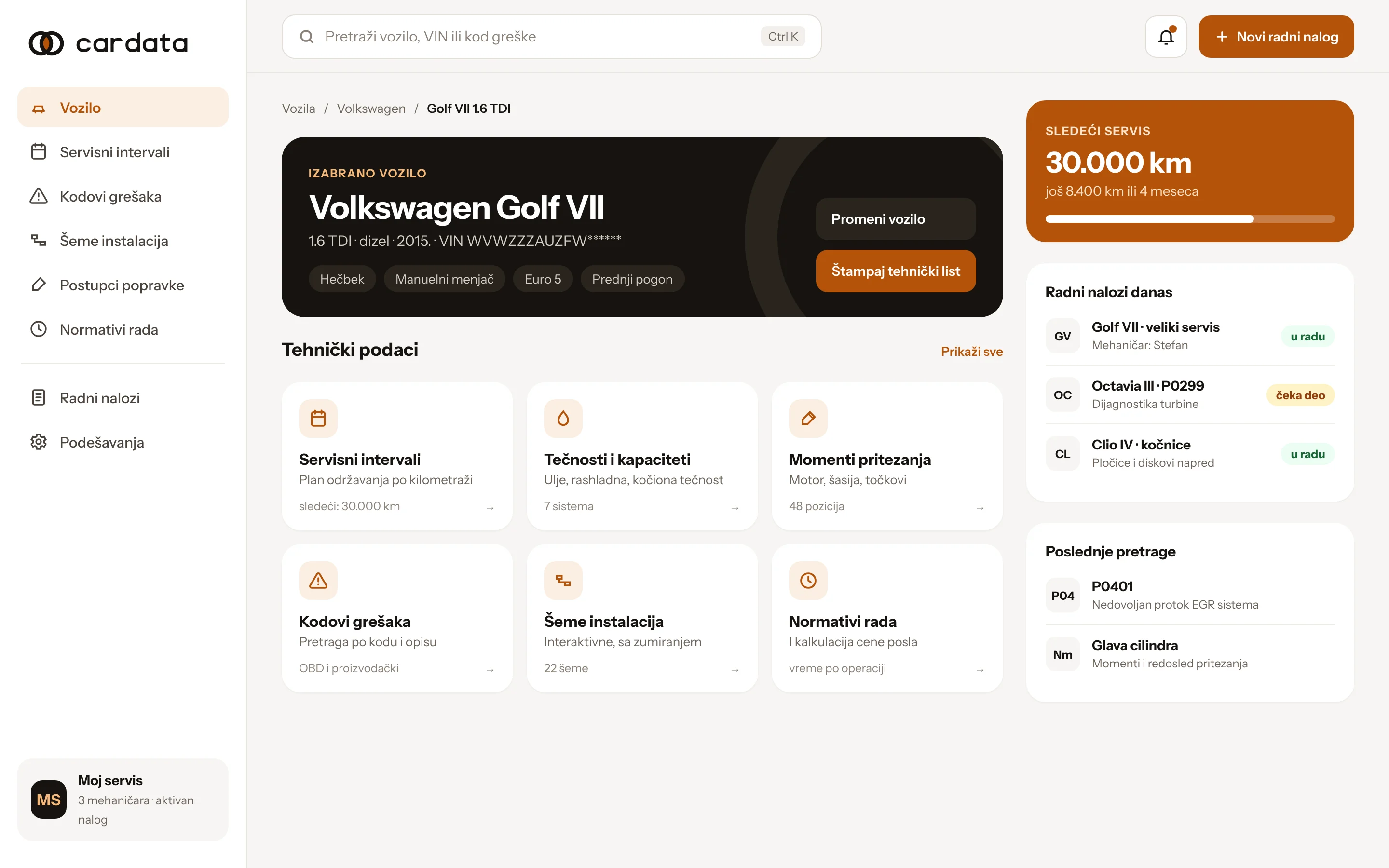 Nostro Cardata web vehicle dashboard with technical data and work orders