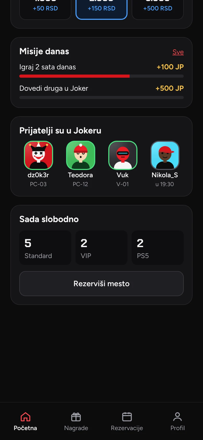 Joker Cloud player portal with missions, friends and free seats