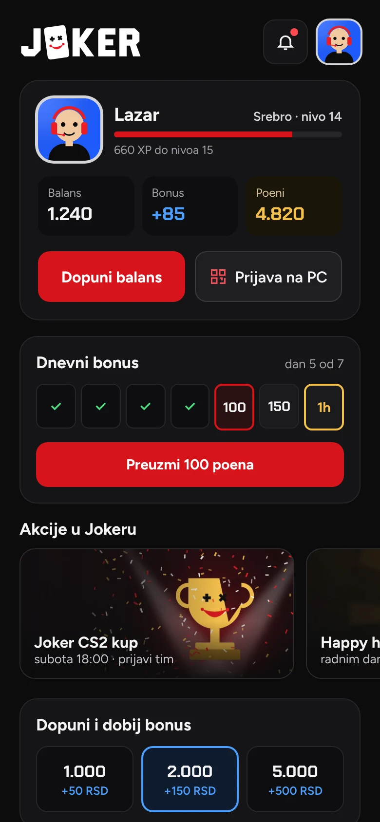Joker Cloud player portal with balance, daily bonus and promotions