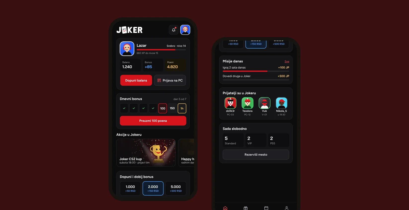Joker Cloud mobile screens