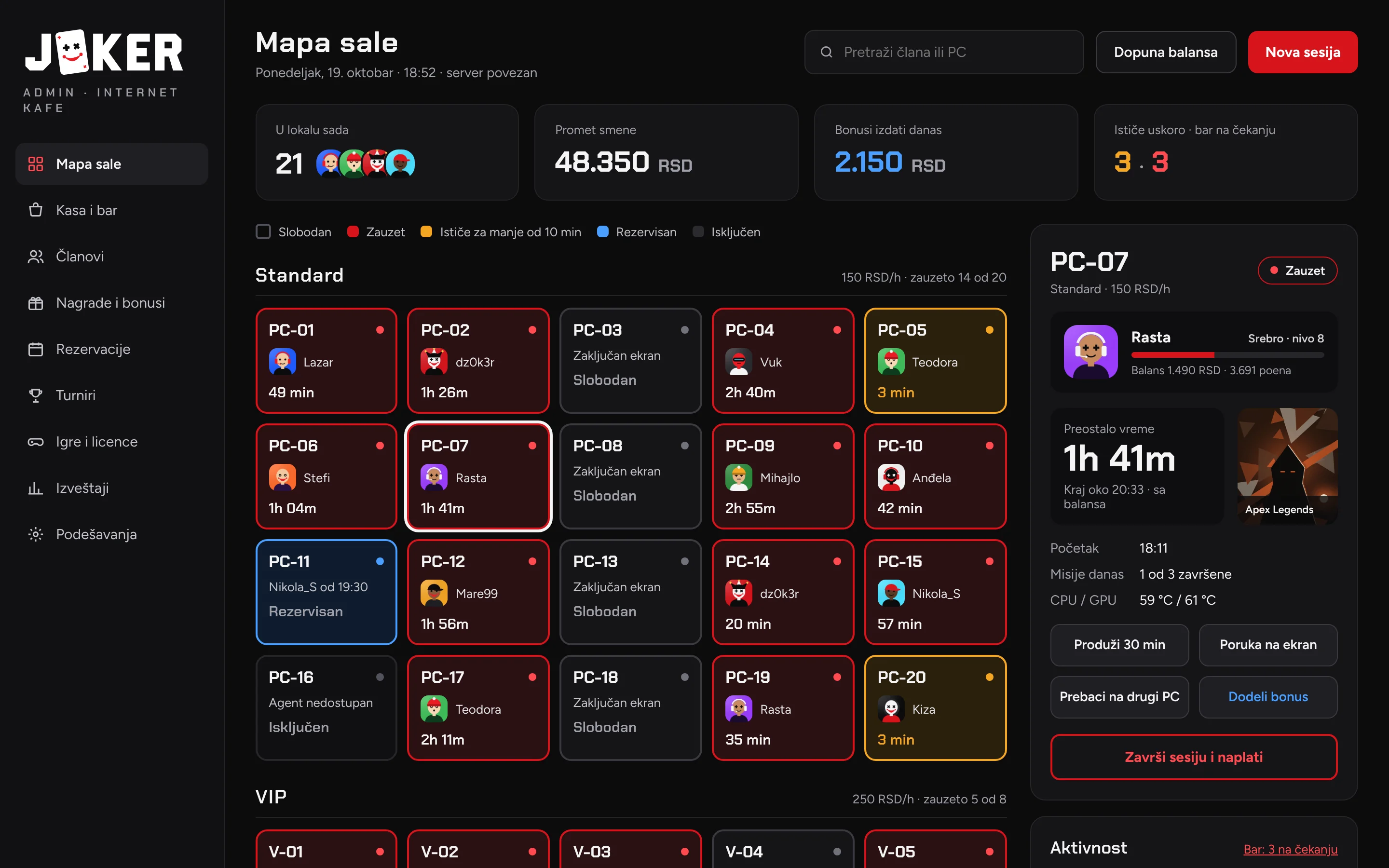 Joker Cloud staff admin with the live PC map and session panel